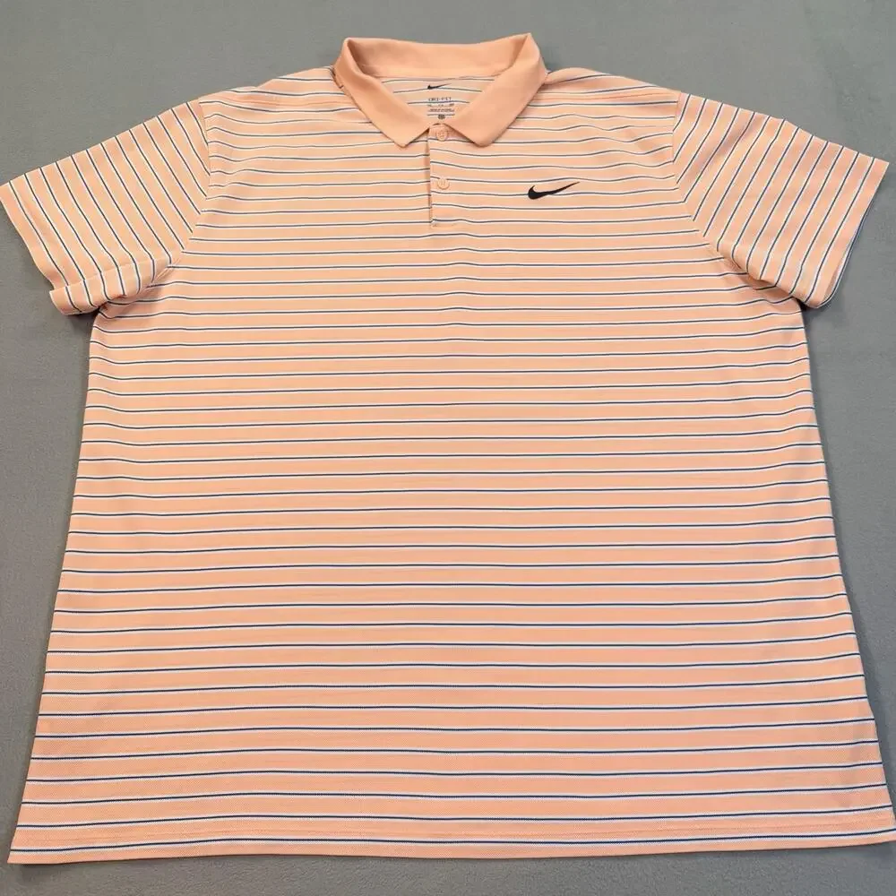 Nike Golf Polo Shirt Mens 2XL Peach Stripe Dri-FIT Stretch Performance Top